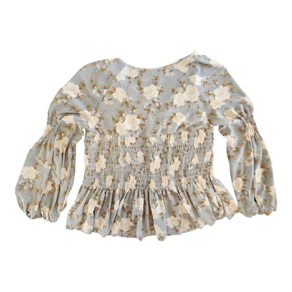 AMERICAN EAGLE Smocked Floral Blouse Blue Cream Ivory Boho Peplum Size Small - Picture 2 of 11